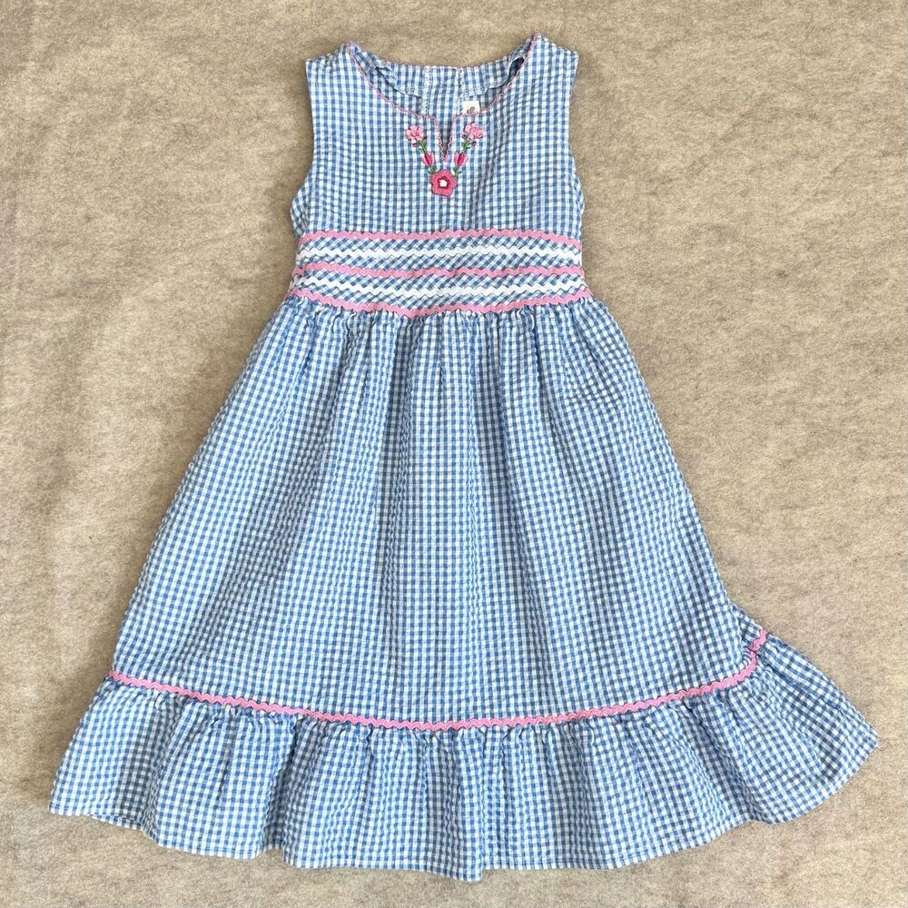 Vintage Youngland dress girls 6 blue gingham sleeveless embroidered seersucker